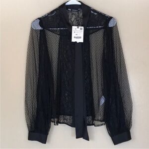 NWT Zara black mesh lace long sleeve top blouse satin trim & ties Sz S
